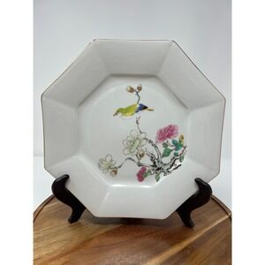 Octagonal White Porcelain Plate‎ Bird Flower Design Gold Rim Japan